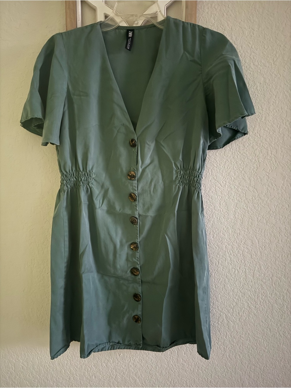 Zara Sage Green Flutter-Sleeve Smocked-Waist Dress